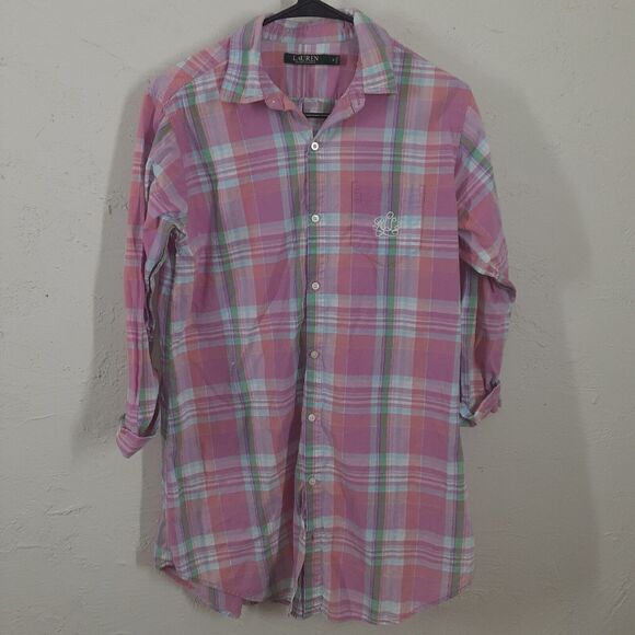 Lauren Ralph Lauren Adult Multicolor Plaid Cotton Buttoned 3/4 Sleeve Sz S - Picture 1 of 12